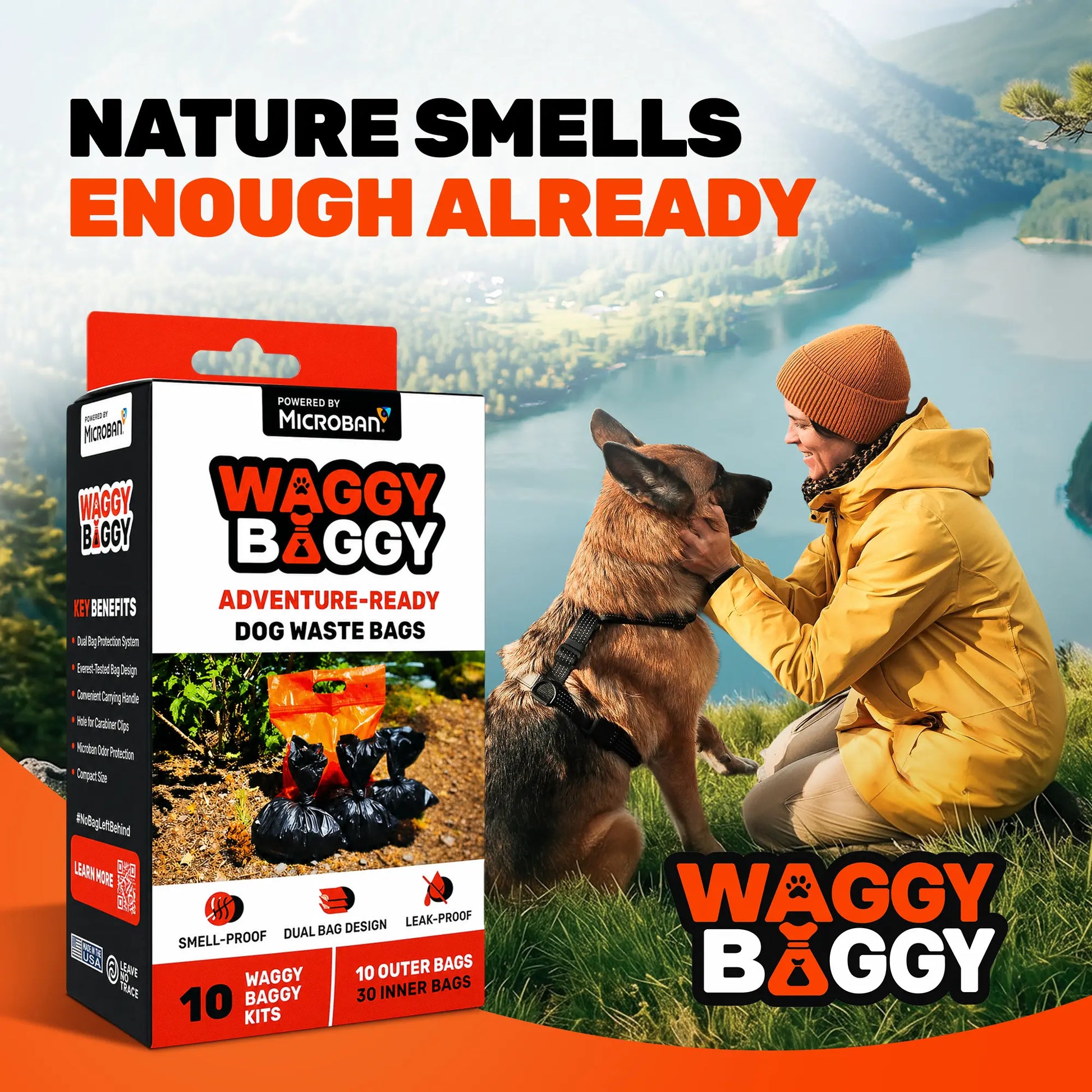 Cleanwaste Waggy Baggy, Adventure Ready Dog Waste Bags with Smell-Proof, Dual Bag System, with Convenient Carry Handle, 10Ct