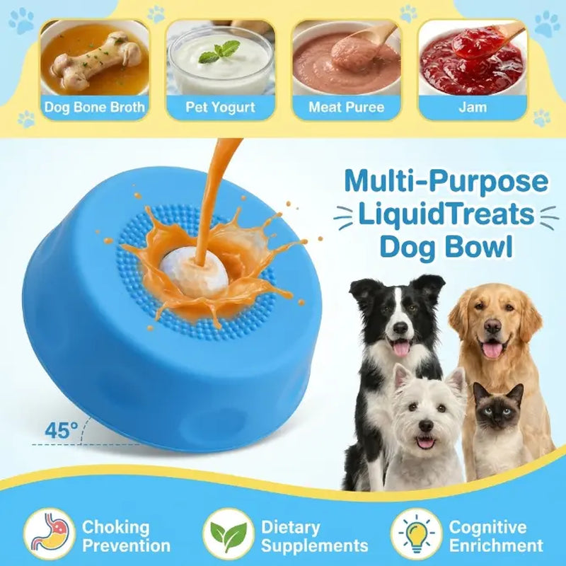 #Summervibes 3-In-1 Suction Slow Feeder Dog Lick Bowl, No-Spill Licking Mat with Built-In Treat Ball & Cleaning Brush, Interactive Anti-Slip Dog Bowl for Yogurt, Peanut Butter & Liquid Treats