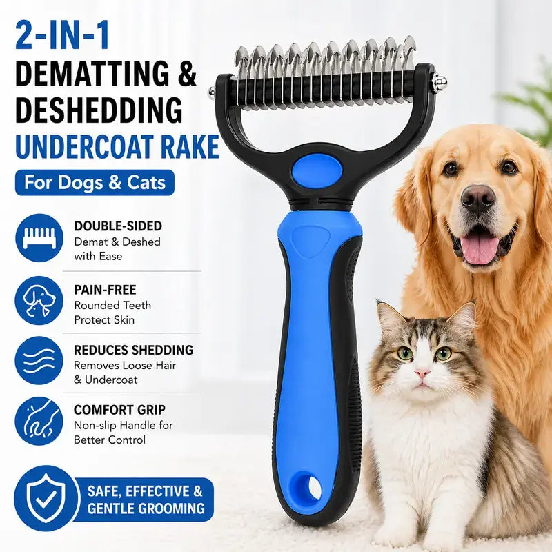 Pet Dematting Undercoat Rake for Long Haired Dogs Cats, Double Sided Deshedding Brush, Pain Free Tangle Remover to Reduce Shedding & Mats, Pet Grooming Tool N2