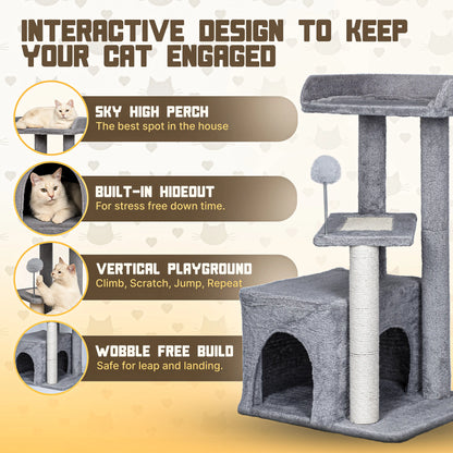 Cat Tree Tower for Indoor Cats, Tall Multi-Level Pet Furniture, Stable Kitty Play House with Sisal